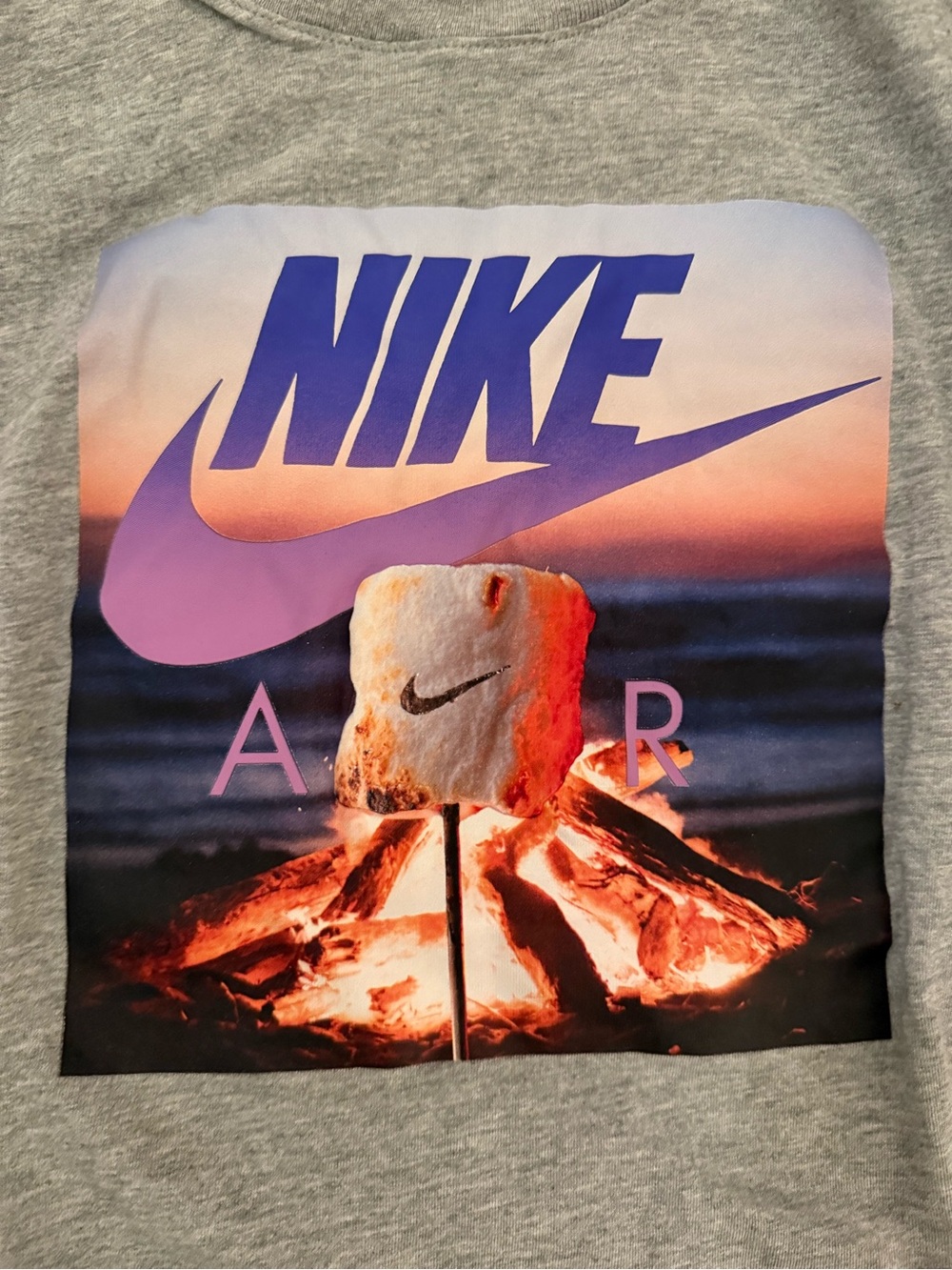 Nike Grey Short Sleeve Tee with Purple & Pink Logo Sunset Graphic